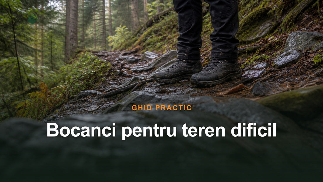 Un lucrător ilustrat, văzut de la genunchi în jos, stă cu bocanci generici pe o potecă forestieră umedă și stâncoasă.