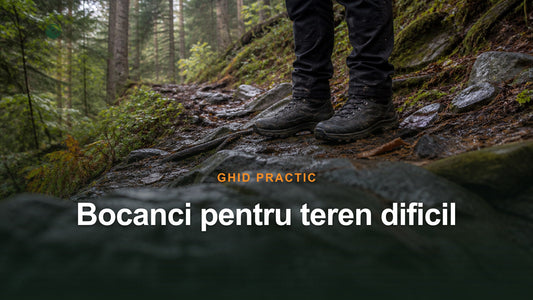 Un lucrător ilustrat, văzut de la genunchi în jos, stă cu bocanci generici pe o potecă forestieră umedă și stâncoasă.